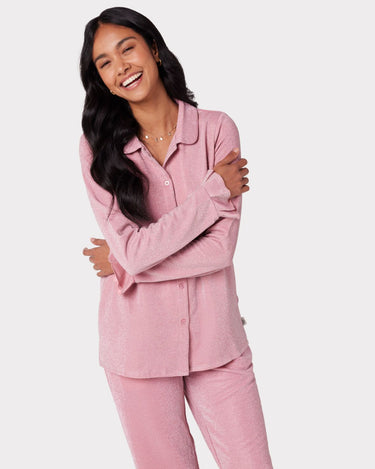 Pink Sparkle Frill Hem Button Up Long Pyjama Set